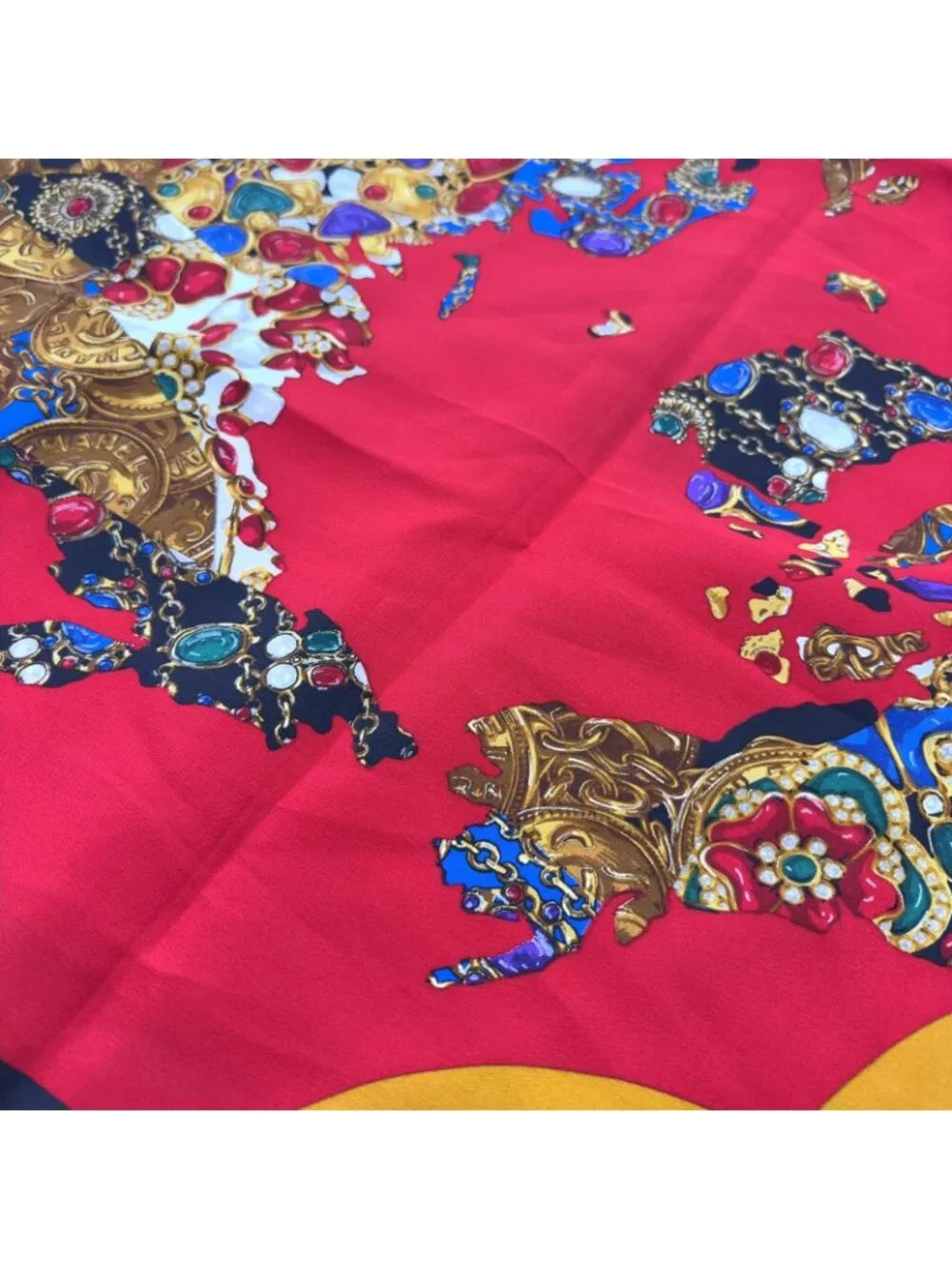 Chanel Globe Gem Pattern Large Silk Yellow Black Red Scarf